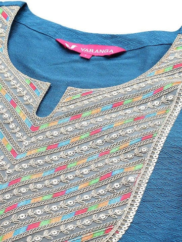 Varanga Women Blue Embroidered Yoke Straight Kurta With Bottom And Dupatta