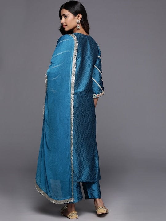Varanga Women Blue Embroidered Yoke Straight Kurta With Bottom And Dupatta