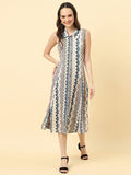 Varanga Women White Blue Chevron Printed A Line Dress Vdrs41119