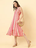 Varanga Women White Pink Chevron Printed A Line Dress Vdrs41120