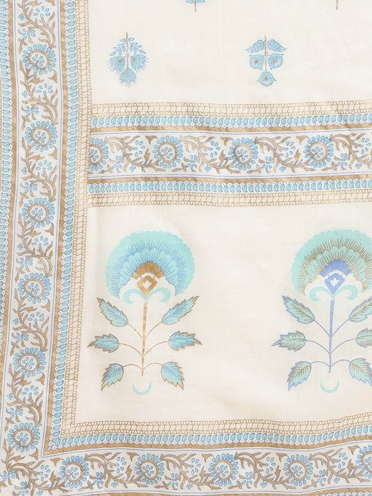 Varanga Women White & Blue Floral Print Anarkali Kurta With Tonal Bottom And Dupatta
