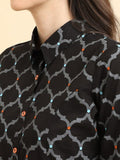Varanga Women Black Geometrical Printed Shirt Collar Kurta Paired With Tonal Printed Bottom