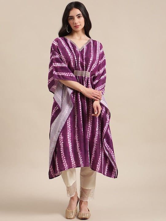KSUT Purple And White Printed V- Neck Lace Embellished Kaftan