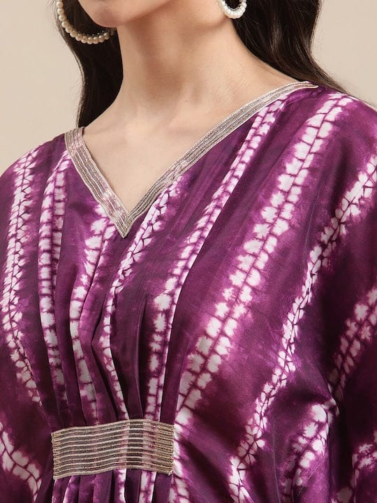 KSUT Purple And White Printed V- Neck Lace Embellished Kaftan