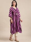 Varanga Purple And White Printed V- Neck Lace Embellished Kaftan