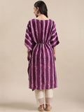 Varanga Purple And White Printed V- Neck Lace Embellished Kaftan