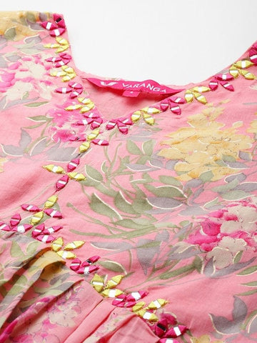Varanga Women Pink Floral Printed Alia Cut A-Line Kurta With Tonal Bottom And Dupatta