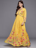 Varanga Women Yellow Floral Printed Pure Silk Chinon Embroidered V-Neck Aliya Cut Kurta Paired With Tonal Dupatta