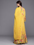 Varanga Women Yellow Floral Printed Pure Silk Chinon Embroidered V-Neck Aliya Cut Kurta Paired With Tonal Dupatta