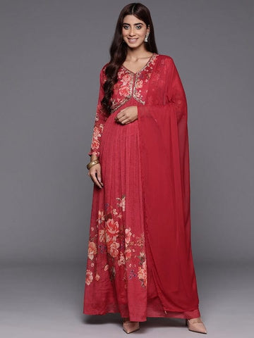 Varanga Women Red Floral Printed Pure Silk Chinon Embroidered V-Neck Aliya Cut Kurta Paired With Tonal Dupatta