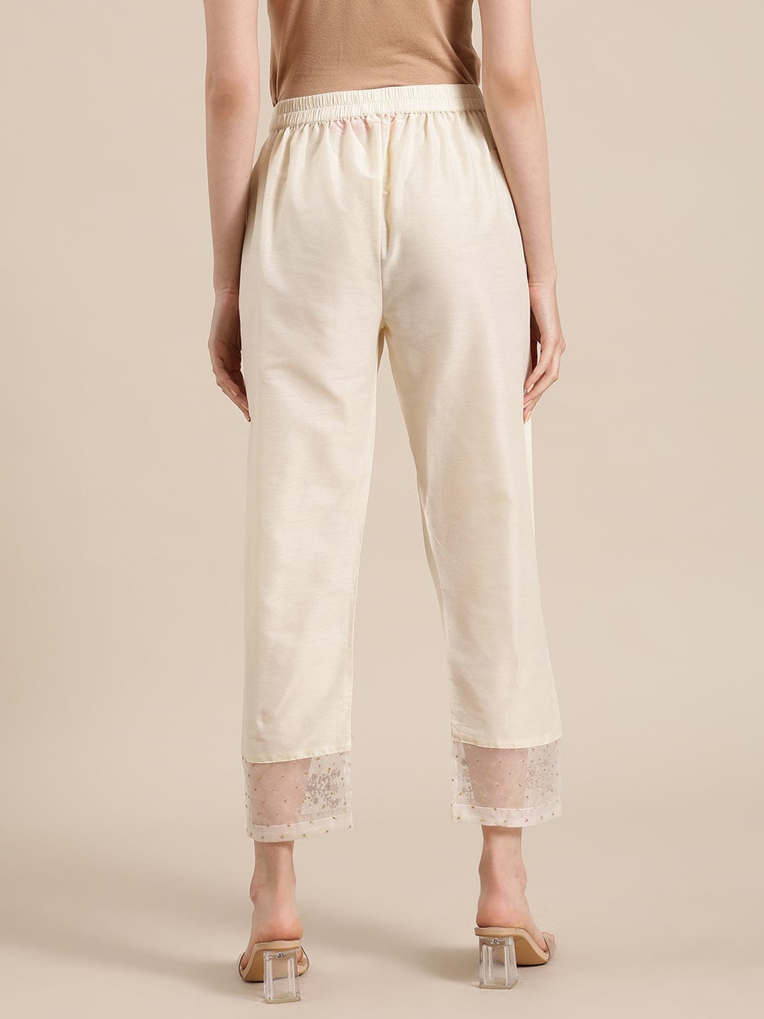 Women Varanga Off White Silk  Organza Zari Embellished Trousers
