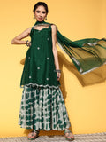 Varanga Women Green Embroidered Sequinned Kurta With Sharara Dupatta