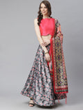 Pink Crop Top With Grey Floral Printed Unstitched Skirt And Digital Printed Dupatta