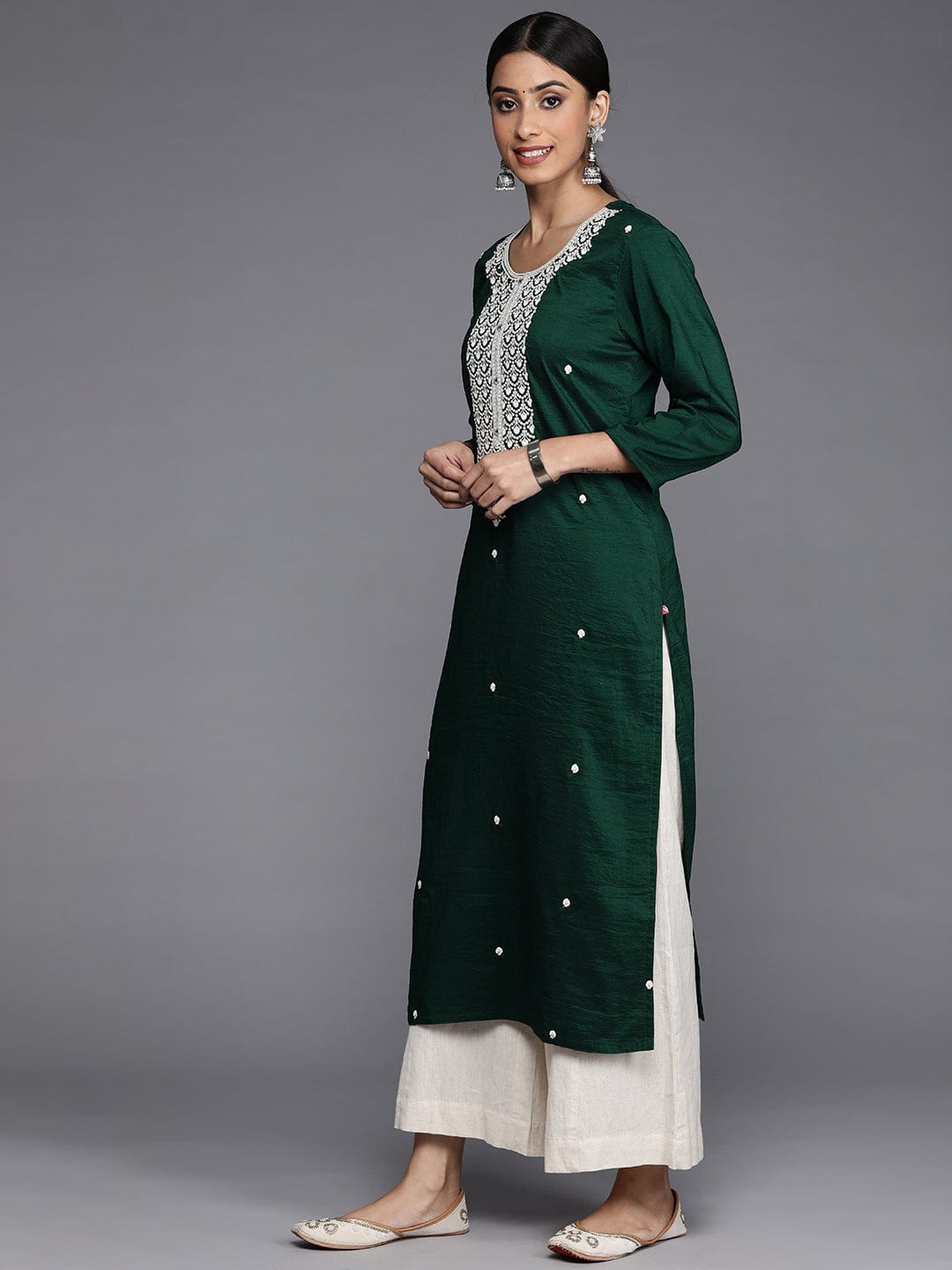 Off WhiteSea Green Floral Kurti With Pant And Dupatta Set Pure Versatile  Cotton  Laces and Frills  Laces and Frills