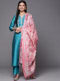 varanga women turquoise blue pink floral embroidered kurta with trousers dupatta