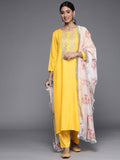 Varanga Women Yellow Yoke Design Mirror Work Kurta with Trousers & Dupatta