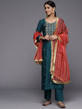varanga women teal ethnic motifs yoke design thread work kurta with trousers with dupatta