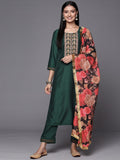 Varanga Women Green Floral Embroidered Thread Work Kurta with Trousers & With Dupatta
