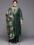 Varanga Women Plus Size Floral Embroidered Chanderi Silk Kurta With Trousers & Dupatta