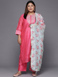 Varanga Women Plus Size Floral Yoke Design Sequinned Chanderi Silk Kurta with Trousers & Dupatta