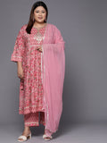 Varanga Women Plus Size Pink Floral Printed Gotta Patti Pure Cotton Kurta with Trousers & Dupatta