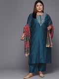 Varanga Women Plus Size Teal Blue Yoke Design Chanderi Silk Kurta with Trousers & Dupatta