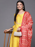 varanga women mustard yellow ethnic motifs embroidered kurta with trousers with dupatta