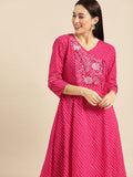 Pink & White Leheriya Printed Angrakha Kurta With Embroidery