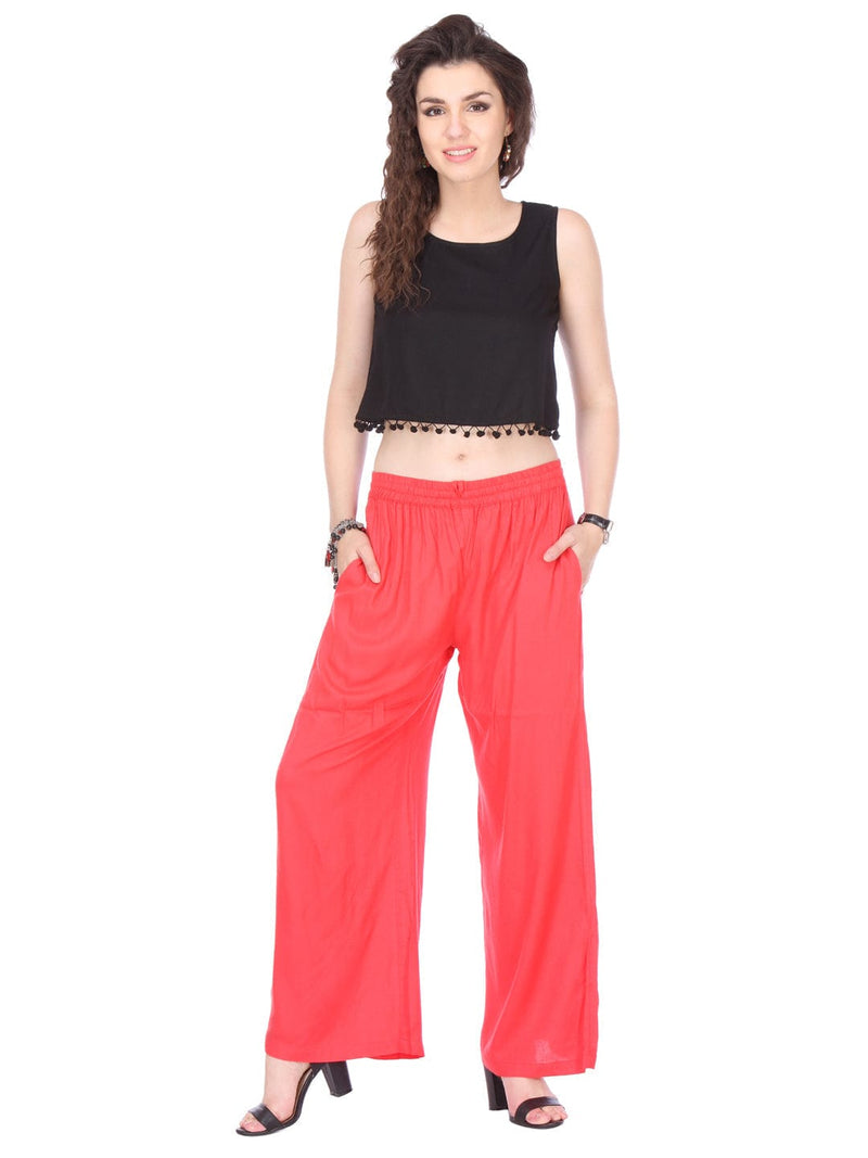 Varanga Women Coral Red Solid Wide Leg Palazzos