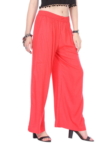 Varanga Women Coral Red Solid Wide Leg Palazzos