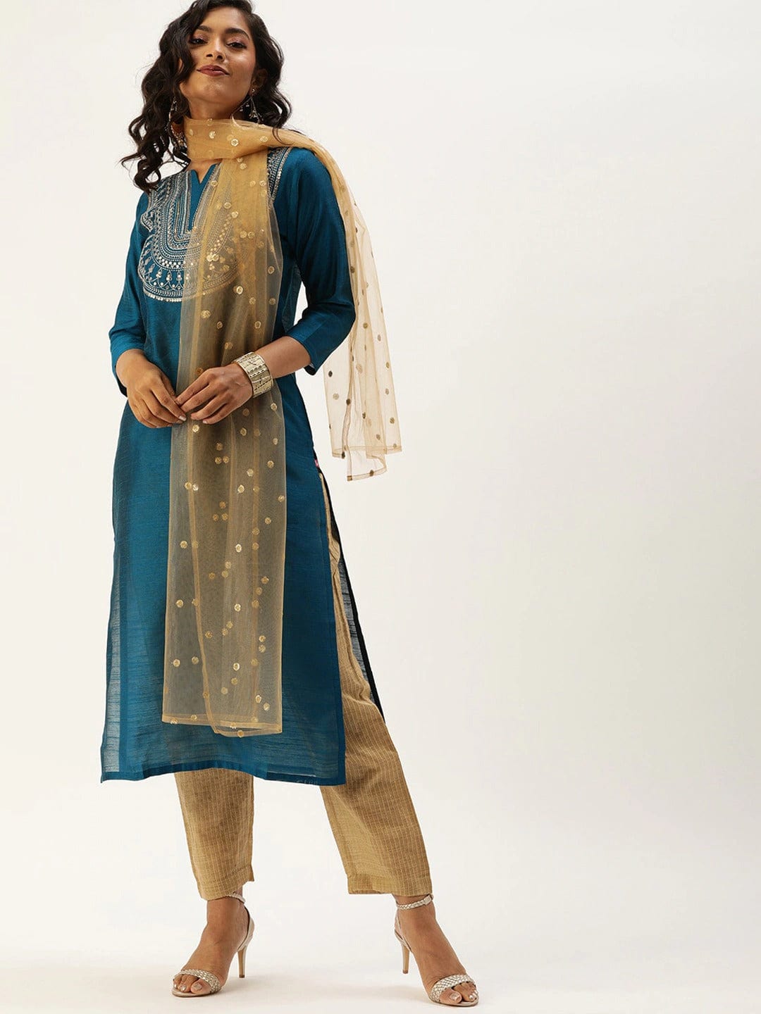 Teal Embroidered Straight Pant Style Suit