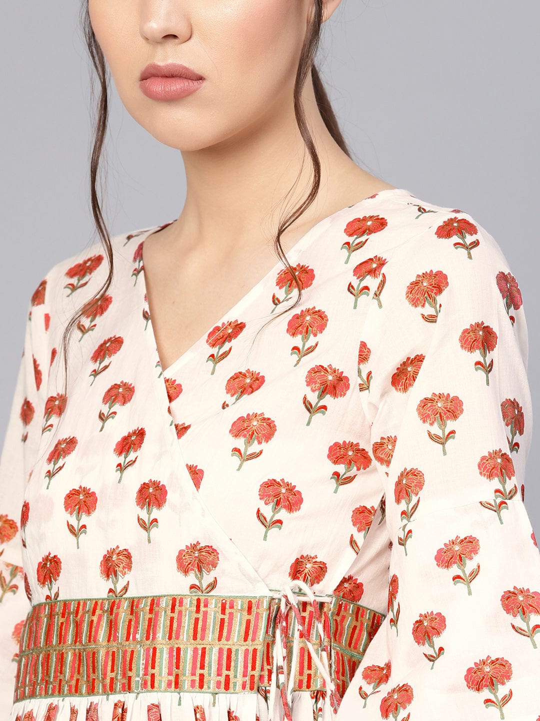 White & Red Floral Printed Wrap Dress