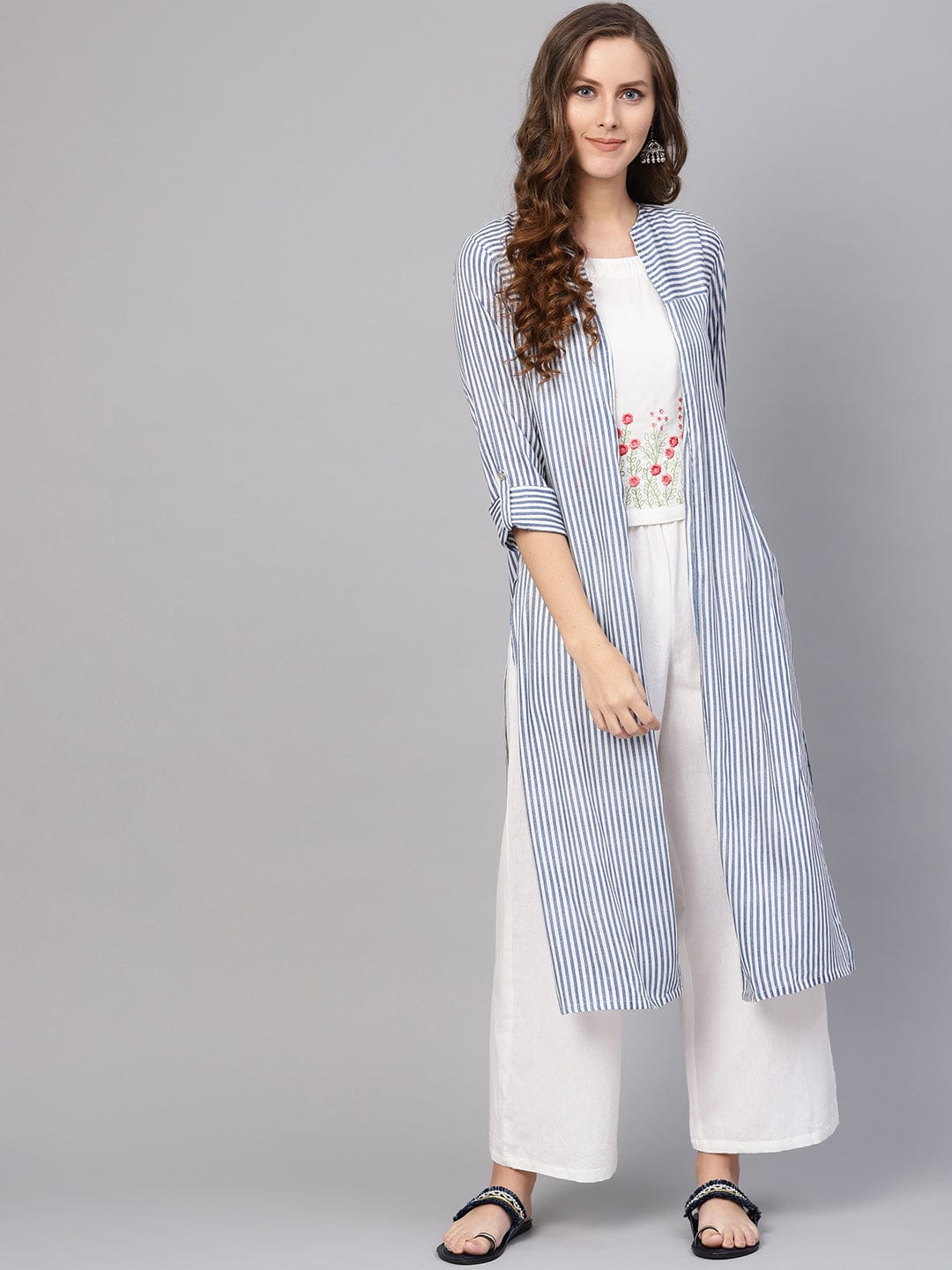 KSUT Women White Floral Embroidered Top with Ethnic Jacket