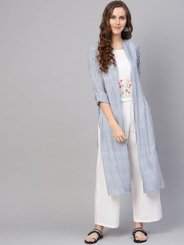KSUT Women White Floral Embroidered Top with Ethnic Jacket