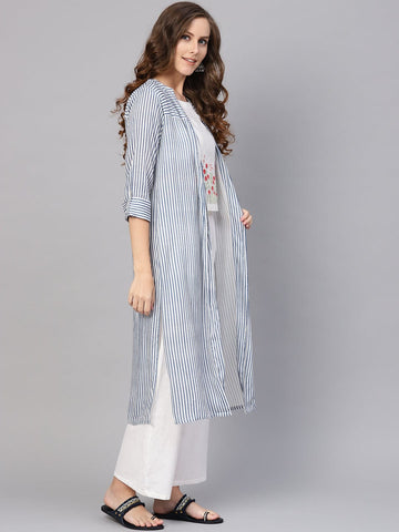 Varanga Women White Floral Embroidered Top with Ethnic Jacket