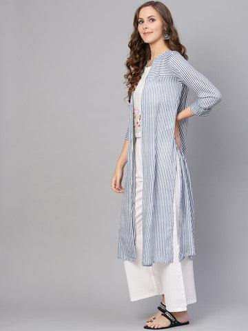 KSUT Women White Floral Embroidered Top with Ethnic Jacket