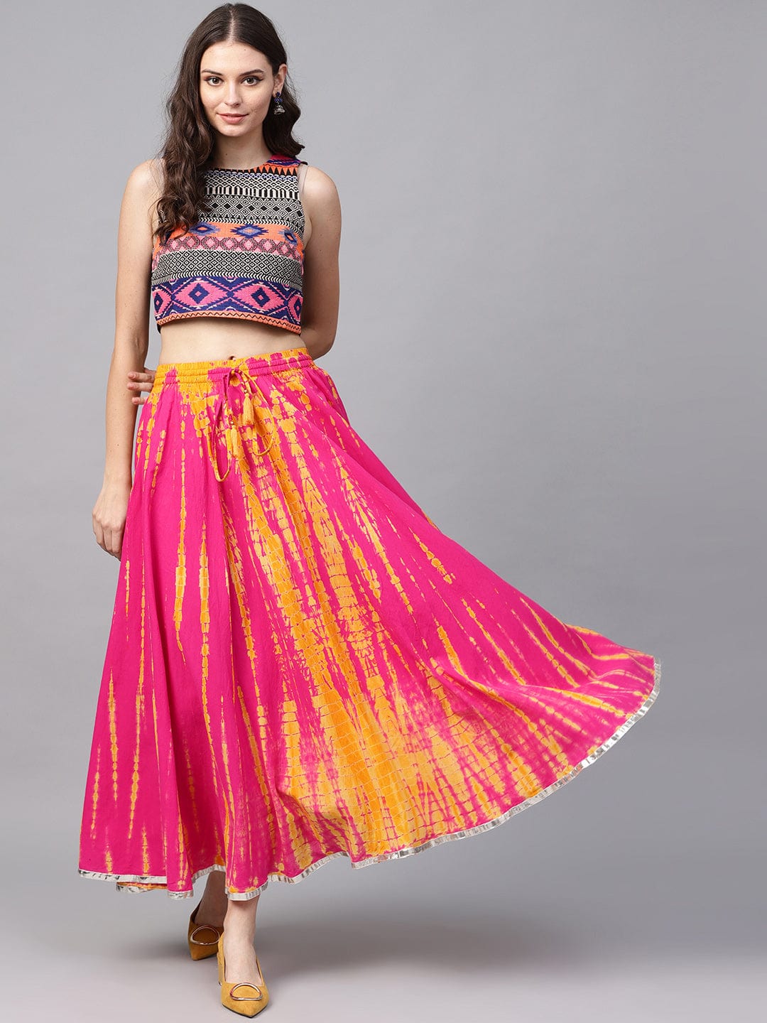 Women Pink and Yellow Dyed Maxi Flared Skirt – Varanga