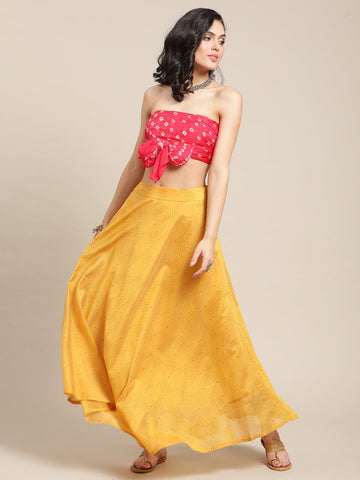 Varanga Women Mustard Yellow Printed Pure Silk Flared Maxi-Skirt