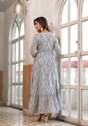 Varanga Women Blue Ethnic Motif Mirror Wor Embroidered Yoke tiered Dress
