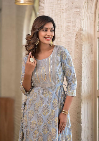 Varanga Women Blue Ethnic Motif Mirror Wor Embroidered Yoke tiered Dress