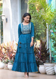 Varanga Women Teal Zari & Gotta Embellished Tiered Dress