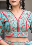 Varanga Blue Floral Printed V Neck Embroidered Blouse With Skirt And Dupatta Vlhc8108