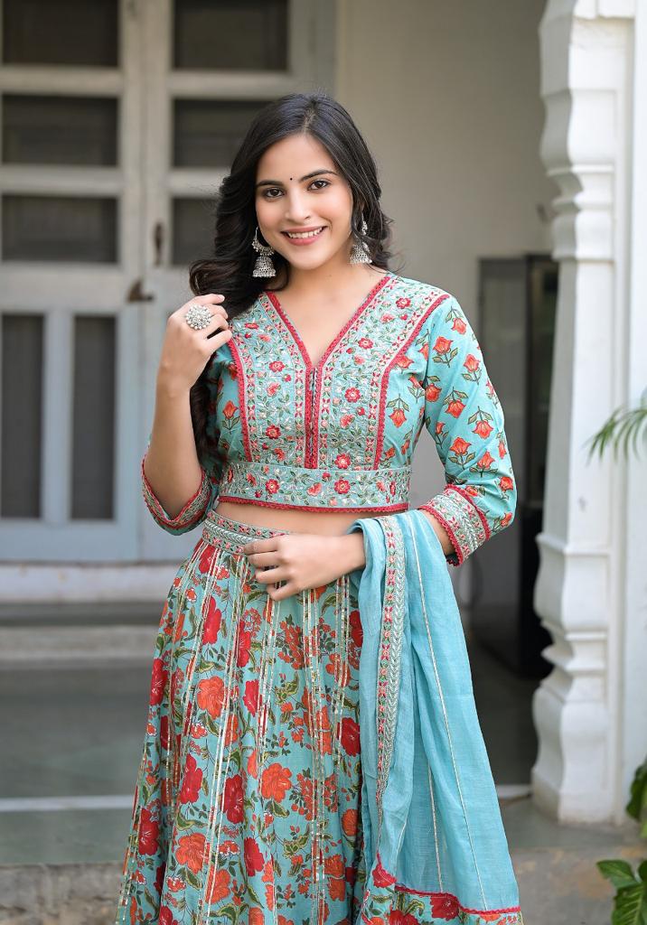 Varanga Blue Floral Printed V Neck Embroidered Blouse With Skirt And D