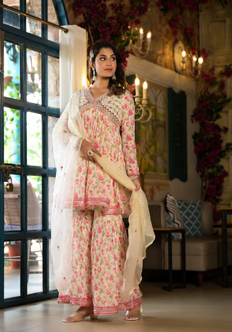 Varanga Off White Floral Print Mirror Embroidered Lace Detailed Alia Kurta With Sharara And Dupatta
