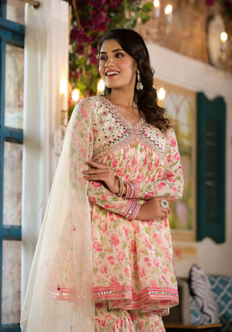 Varanga Off White Floral Print Mirror Embroidered Lace Detailed Alia Kurta With Sharara And Dupatta