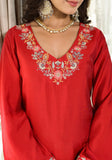 Varanga Red Ethnic Motif Zari Embroidered Straight Kurta With Bottom And Dupatta