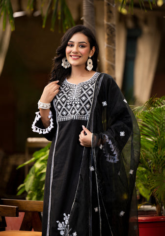 Varanga Ethnic Motif Thread Embroidered A-Line KurtaTassel Detailing With Afghani Bottom & Dupatta