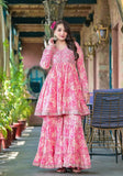 Varanga Pink Floral Printed Mirror Work Anarkali Kurta With Sharara And Dupatta