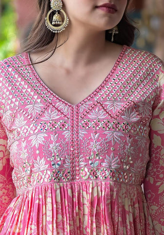 Varanga Pink Floral Printed Mirror Work Anarkali Kurta With Sharara And Dupatta