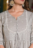 Varanga Grey Thread Embroidered Anarkali Kurta With Bottom And Dupatta